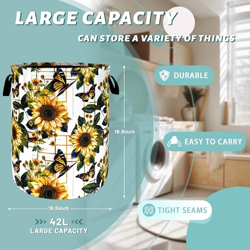 Image of Sunflower Butterfly Laundry Basket Oxford Cloth Hamper 18.9x16.5 Inch | Foldable With Handle Tote Bag Floral Laundry Hamper Clothes Storage Bucket Toy Organizer For Bathroom /Laundry /Bedroom
