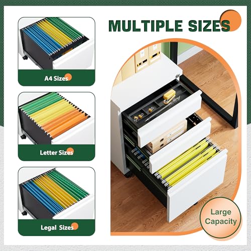 Image of Letaya 3 Drawer Mobile File Cabinet with Lock, Under Desk Metal Filing Cabinets for Home Office Organizer Letters /Legal /A4(Fully Assembled-White) (Pack of 2)