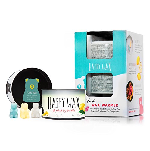 Happy Wax - Wax Warmer & Wax Melts Starter Kit - Enjoy Our Patent Pending Outlet Wax Warmer in Grey Linen + 3.6 Oz. Fresh Mix Scented Soy Wax Melts [Lemon Verbena, Baby Powder, Fresh Cotton]