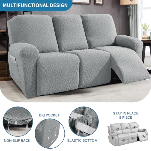 Image of 2026 Sofa Recliner Cover 8-Piece (69 inch-91 inch) Super Soft Recliner Couch Covers with Big Pocket & Anti Slip Ties Stay in Place, Stretch Lazy Boy Reclining Couch Sofa Slipcover Durable Washable, Light Grey