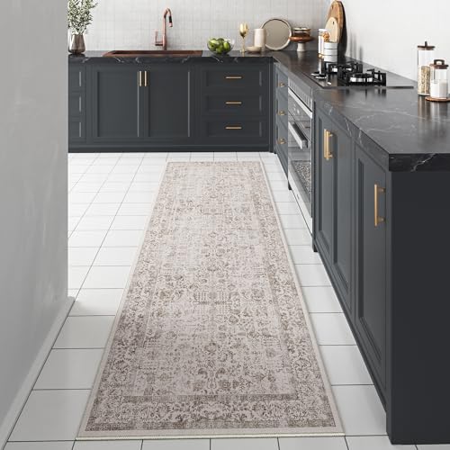 Light Brown Runner Rug 2x8 Hallway Machine Washable Kitchen Vintage Distressed Non Slip Long Carpet Indoor Retro Floral Bedroom Accent Throw Rug for Bathroom Office Laundry Dining Room