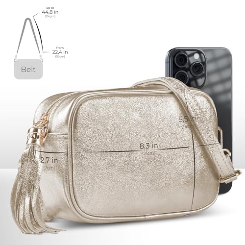 Image of Italian Genuine Metallic Suede Crossbody Bag for Women with Zipper | Small Leather Camera Purse Shoulder Handbag Pocketbook