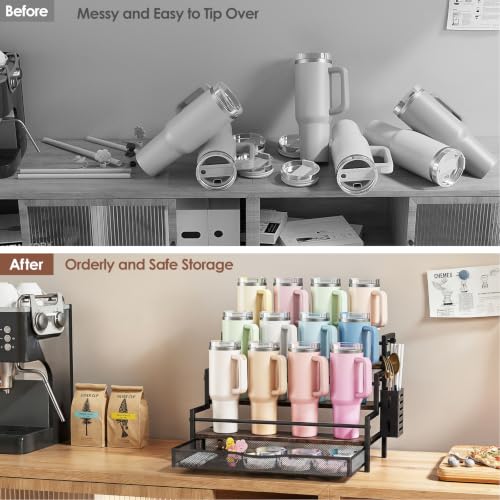 Image of Water Bottle Organizer for Full 40 oz Stanley with Handle, Black | 3 Tier Stanley Cup Organizer, 12 Bottles Capacity, Rustic Countertop Display Shelf, For Coffee Bar, Cabinet, Countertop