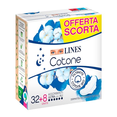 Lines Algodón Ultra Noche con Alas, Paquete de 40 Absorbentes
