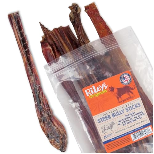 Rileys Steer Bully Sticks for Large to XL Dog Breeds - Odor Free Single Ingredient Treat - Easily Digestible 100% Beef Pizzle Sticks for Dogs - 12 5ct