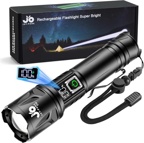 JAY-PARK Taschenlampe 1000000 Lumen Aufladbare 5000 mAh mit LCD-Display und 5 Beleuchtungsmodi, LED Taschenlampe Extrem Hell Zoom Langer Lichtstrahl...