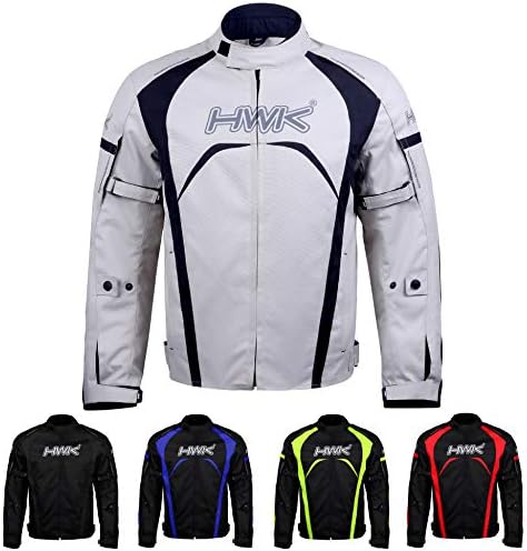 HWK Motorcycle Jacket Men's Riding Textile Racing Motorbike Hi-Vis Biker CE Armored Water Resistant Jackets (Silver, XL)