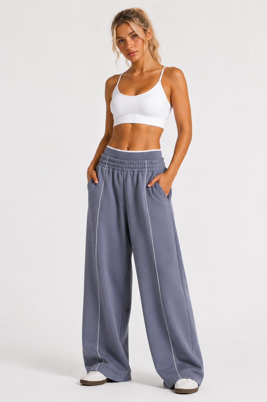 MotionClub x Teveho Wide Leg Jogger Damen High Waist Jogginghose Oversize Sweatpants Loungehose Freizeithose Fitnesshose mit Taschen Sommer Athleisure Streetwear Loose Fit