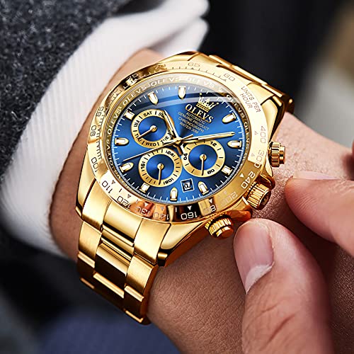 Image of OLEVS Men's Gold Watch Popular, Automatic Winding, Gold Strap, Water Resistant to 3 ATM, Luminous, Calendar, Date, Skeleton, gold-blue, Bracelet Type