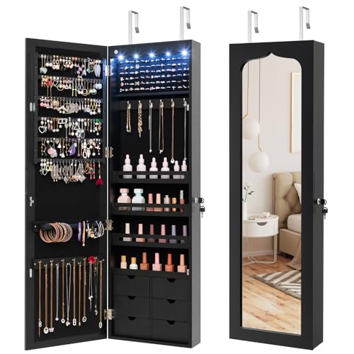 GOPLUS Armoire à Bijoux Mural avec Miroir et Lumière LED, Armoire de Rangement Mural, Accrochée à la Porte avec Serrure, Miror Porte-Bijoux (Noir,...