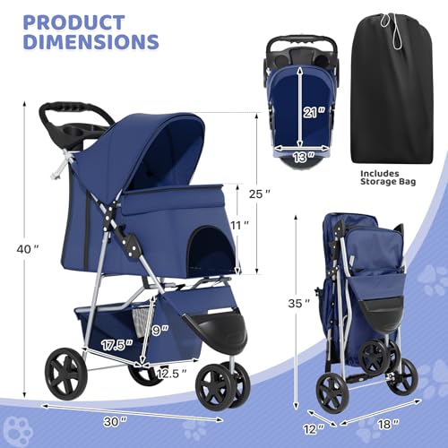 Image of Magshion 3-Wheel Pet Stroller, Foldable Travel Jogger for Small & Medium Dogs & Cats (Up to 33lbs), Lightweight Carrier with Breathable Mesh Cover, Cup Holder & Storage Basket, Navy Blue
