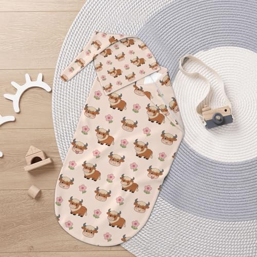 Image of Cow Swaddle Blanket with Hat for Baby, Swaddling Highland Cow Baby Stuff