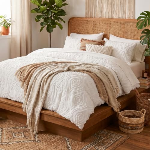 Image of 7 Pieces White Comforter Set for All Seasons Tufted Boho Bedding Set Full Size Farmhouse Bed in A Bag as Gifts (1 Comforter, 1 Flat Sheet, 1 Fitted Sheet, 2 Pillowcase and 2 Pillow Sham)