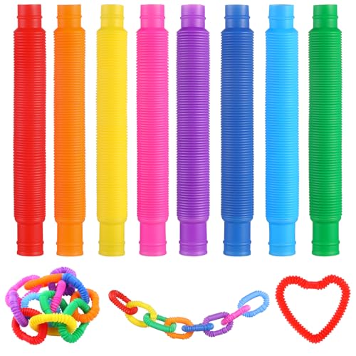 JOLCEEY 16 Stück Pop Röhren Kinder, 8 Farben Mini Röhren Sensorisches Spielzeug Bunte Rohre Stretch für Erwachsene und Kinder Stress Ängste abbauen