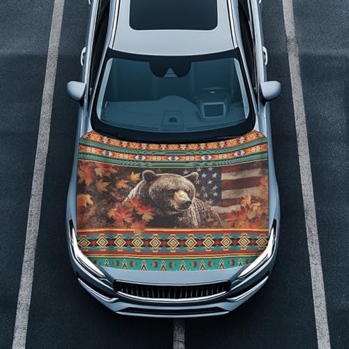 Image of American Flag Aztec Bear Car Hood Cover Protector Stretchable Car Hood Wrap Blankets Waterproof Sun Proof Easy Installation for Most Sedans SUV Trucks Pickup Van