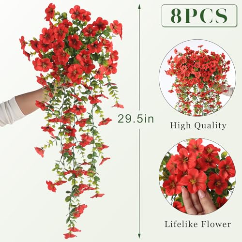 Image of VIERENA 8 Bundles 29.5 inch Artificial Hanging Silk Flowers for Front Door(Red) | Realistic Fake Morning Glory Flowers with Faux Eucalyptus, for Eave Porch Yard Garden Patio Balcony Home Outdoor Decoration
