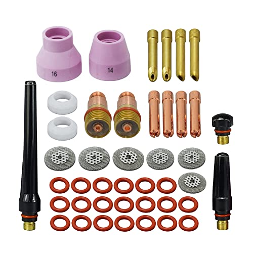 Image of RIVERWELD TIG Stubby Gas Lens Collet Bodies 10N 4GL 4C Short Wedge Collets | Champagne Ceramic Nozzle H Type 53NAHCN Screen 53NAbSP3 for SR WP 17 18 26 TIG Welding Torch 43pcs