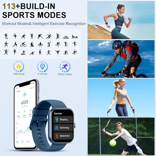 Image of Smart Watch for Men Women (Answer /Make Call), 1.96 inchHD Smartwatch with Heart Rate /Sleep Monitor /Pedometer, 113+ Sports Modes, New Fitness Watch IP68 Waterproof, Activity Tracker for Android iOS-Blue