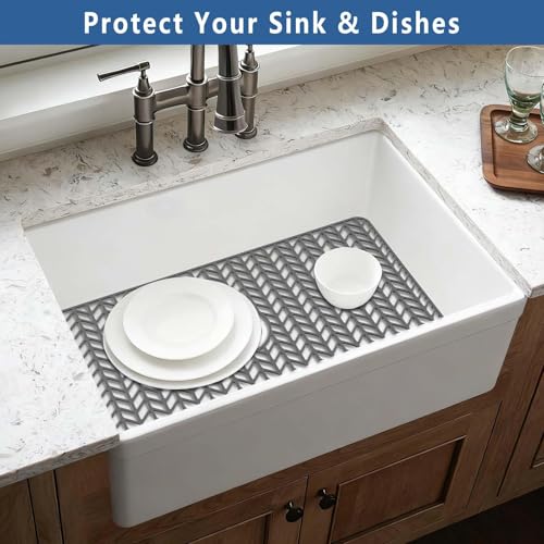 Image of AWOKE Large Silicone Sink Protectors for Kitchen Sink, 30 inch x 16 inch Center Drain Hole, Sink Mat for Bottom of Farmhouse Kitchen Stainless Steel Sinks, Raised Feet /Heat Resistant /Non-slip (Gray)