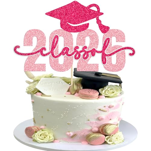 Gyufise 1 pieza de decoración para tartas de clase 2026 con purpurina para felicitaciones de graduación 2026, para niños y niñas, suministros de decoración de pasteles, rosa, rojo, 2