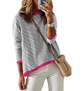 Flirla Woen's Crew Neck Long Sleeve Striped Color Block