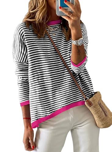 Image of Womens Striped Lightweight Cotton Sweaters Long Sleeve Crew Neck Color Block Casual Knitted Pullover Tops