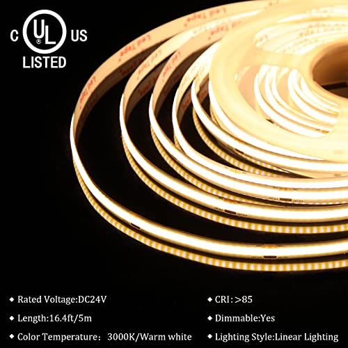 Image of UL-Listed COB LED Strip Light 3000K,5m /16.4ft DC 24V LED Strips,Dimmable High Lumen COB Tape Light,CRI 85+ Flexible Warm White LED Rope Lights for Bedroom, Stage, Home,Kitchen,DIY Lighting.