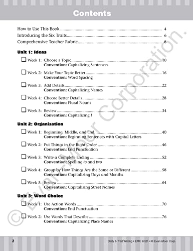 Evan-Moor Daily 6-Trait Writing, Grade 1, Homeschool and Classroom Resource Workbook, Reproducible Worksheets, Teaching Edition, Lesson Plans, Ideas, Organization, Word Choice, Sentence Fluency, Voice - Image 2