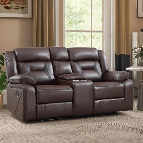 Image of EBELLO Manual Faux Leather Loveseat Recliner, 2 Seat Reclining Sofa Chair with Center Console, Hidden Storage and Cup Holders, Daul Recliner for Living Room, Meeting Room, Dark Brown (Loveseat)