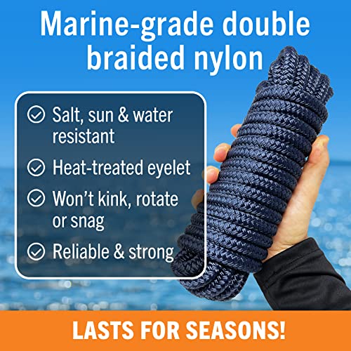 Image of Dock Lines for Boats 1 /2 inch x 25ft, 4 Pack Double Braided Nylon Boat Rope | 12 inch Loop, Marine Grade Mooring Line for Docking, Navy, Better Boat