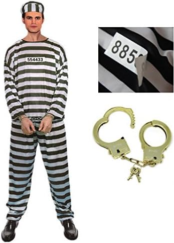 Amazon 注目度up 囚人服 5点 セット 囚人服上下 帽子 囚人番号シール ゴールド 手錠 コスプレ コスチューム メンズ レディース フリーサイズ ハロウィン コスプレ 仮装 通販