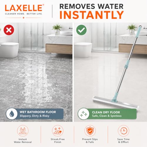 Image of Floor Wiper with Silicone Blade, Magic Broom Water Squeegee, 180 Swivel Head with Adjustable Long Handle for Bathroom, Tiles, Marble, Glass, Balcony & Floor Cleaning, Sage Green