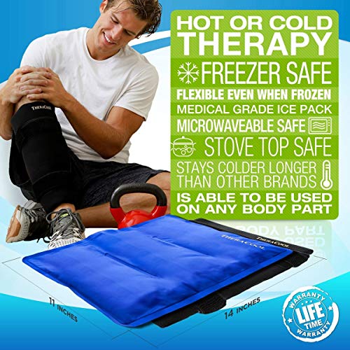 Ice Packs For Injuries Reusable Large Hot Cold Gel Pad Wrap W/Strap For Back Knee Shoulder Rotator Cuff Hip Replacement Elbow Arthritis Surgery Pain Relief Flexible Recovery Bag 14 X 11 By Theracool #TOP5
