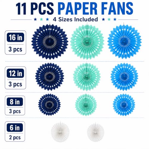 Image of Blue White Hanging Honeycomb Round Paper Fans Decoration Kit for Baby Boy Shower Birthday Navy Ocean Wedding Under The Sea Theme Photo Booth Backdrops Paper Party Supplies 11 Count