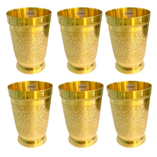 COPRASIA Brass Dining Glass | Drinking Brass Tumbler with Embossed Design | 300 ml Peetal Glass for Daily Use, Traditional Kitchenware & Pooja Use (Pack of 6)