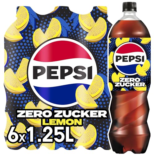 Pepsi Zero Zucker Lemon, Das zuckerfreie Erfrischungsgetränk von Pepsi ohne Kalorien, Koffeinhaltige Cola mit Zitronengeschmack in der Flasche, EINWEG (6 x 1.25 l)