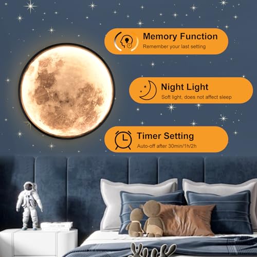 Image of Battery Operated Moon Wall Sconces 12 inch 3 Color Dimmable Rechargeable Moon Wall Light with Remote Control Black Moon Wall Lamp Indoor Wall Mounted Lighting for Living Room Bedroom