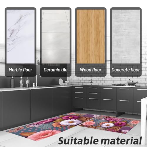 Alfombra de cocina lavable de estilo floral retro con tapete de 2 piezas 8