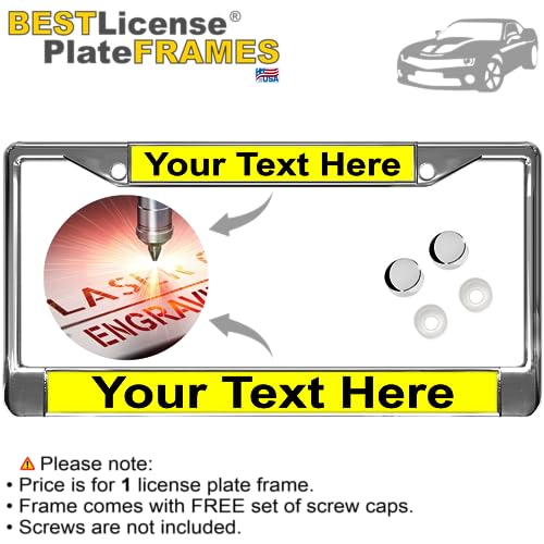 Image of Custom Personalized Chrome-Plated Metal Laser Engraved Standard Size - Car /Automobile License Plate Frame with Free caps - Yellow /Black Text (Qty: 1 Frame)