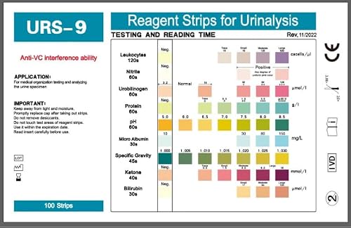 Urs 9-In-1 Urine Test Strips 9 Parameters Testing Uti, Protein/Leukocytes/Nitrite/Ph/Blo, 100 Ct #TOP2