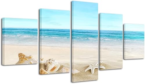 Pyradecor, paisaje de playa en 5 paneles, lienzo Giclee de paisaje marino, impreso en lienzo moderno, tensado y encuadrado, arte para pared,