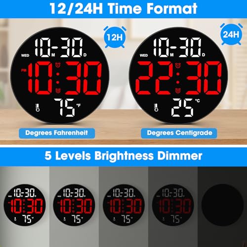 CandyHome Digital Wall Clock Large Display with Remote Control, Plug in LED Digital Alarm Clocks, 12/24Hr, Auto Brightness, Date, Week, Temperature, Non-Ticking for Living Room Bedroom Office (Red) - Image 5