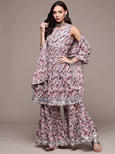 Image of anubhutee Women's Cotton Mauve Gota Patti Floral Printed A-Line Kurta Suit Set with Sharara and Dupatta