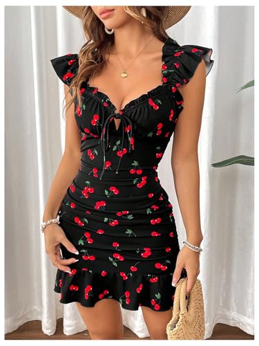 Image of MakeMeChic Women's Cherry Print Ruffle Sleeve Bodycon Dress