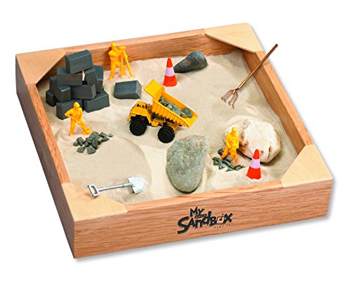 My Little Sandbox Tabletop Big Builder Construction Playset - Natural Ultra Fine Play Sand and Over 20 Accessories - 10” x 10” Wood Sandbox Tray - Includes 20” x 20” No Mess Play Mat - Ages 3+