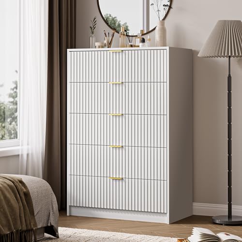 Image of MAISONARIA 5 Drawer Dresser for Bedroom, Tall Dresser Chest of Drawers with Gold Handles, 32 Inch Wide Nightstand with for Bedroom, Living Rooms, Offices, and Entryways, White