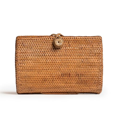 Image of Novum Crafts Round Rattan Bag for Women - Handmade Ata Wicker Woven Purse - Circle, Square, Oval Brown Straw Boho Bags