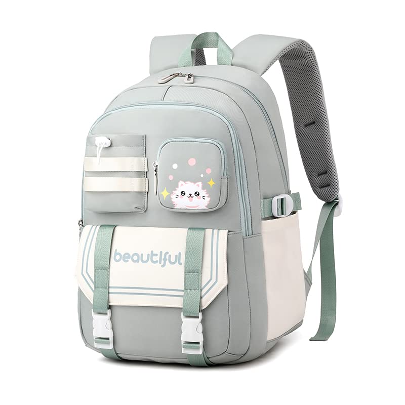 Mochila para Mulheres e Estudantes, Resistente à Água com Estampa de Gato Fofa, Cabe Notebook de 15,6 Polegadas, da Série Jovem e Alegre (Verde)