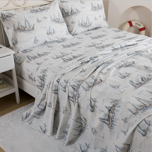 Image of FADFAY Premium 100% Cotton Sheet Set Queen - Coastal Nautical Sailboat Bedding, Soft Gray Seaside Harbor Print, Soft Breathable Cooling Bed Sheets, Deep Pocket Luxury Coastal Bedding 4 Piece
