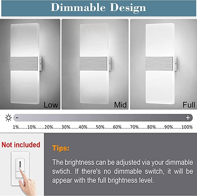 LED Wall Lights Indoor Dimmable Wall Lamp Wall Sconce Up Down Wall Lighting Modern 12W Acrylic for Bedroom Living Room Corridor Silver, Cool White(2 Pack) - Image 3